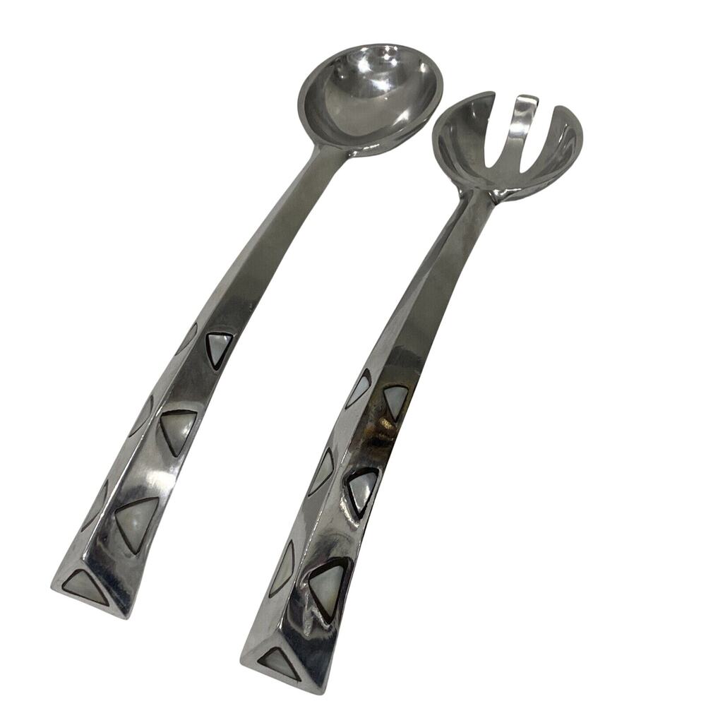 Artisan Silver Serving Fork & Spoon Set White Stone Shell Inlay Made in India